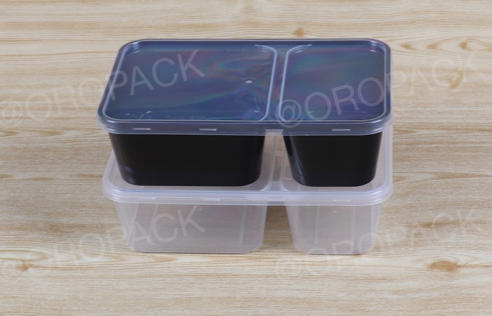 กล่องอาหารเหลี่ยม 2 ช่อง 650 ml+ฝาสีใส
